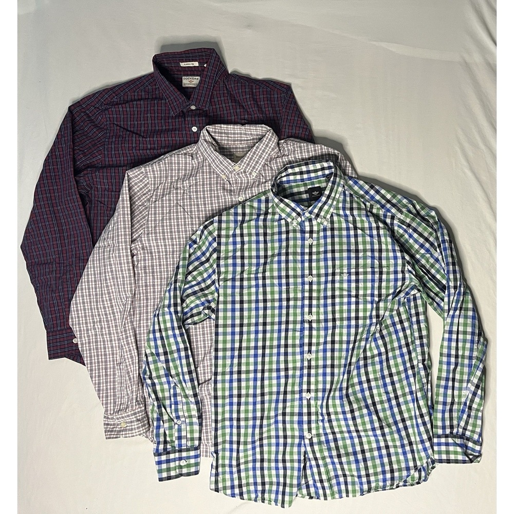Dockers Oxford Dress Shirts Men's Size Large Plaid Long Sleeve Button Up Lot X3